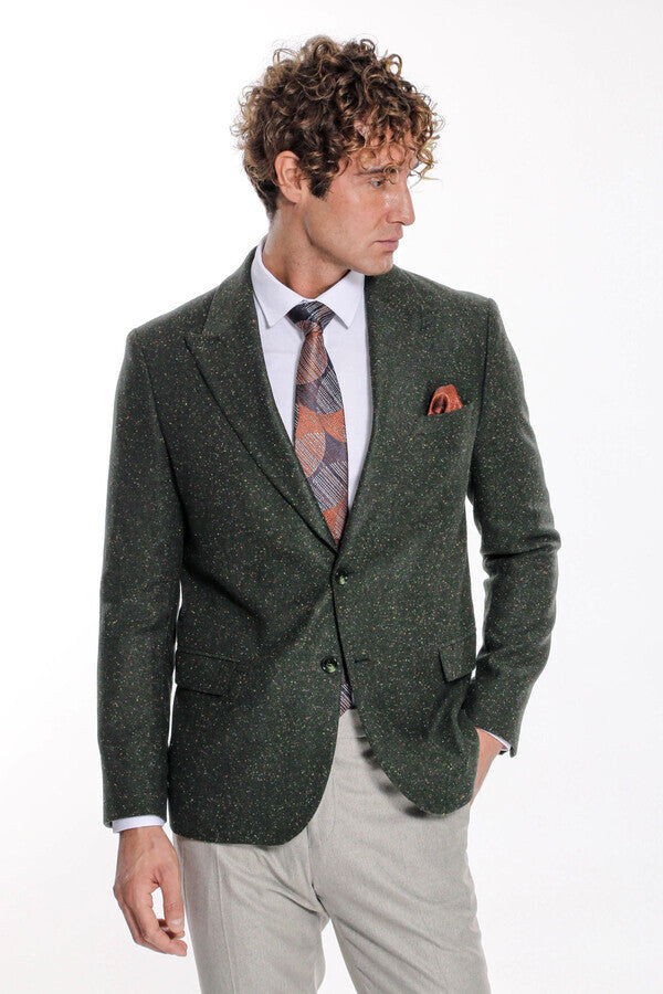 Houndstooth Pattern Wool Green Men Blazer - Wessi