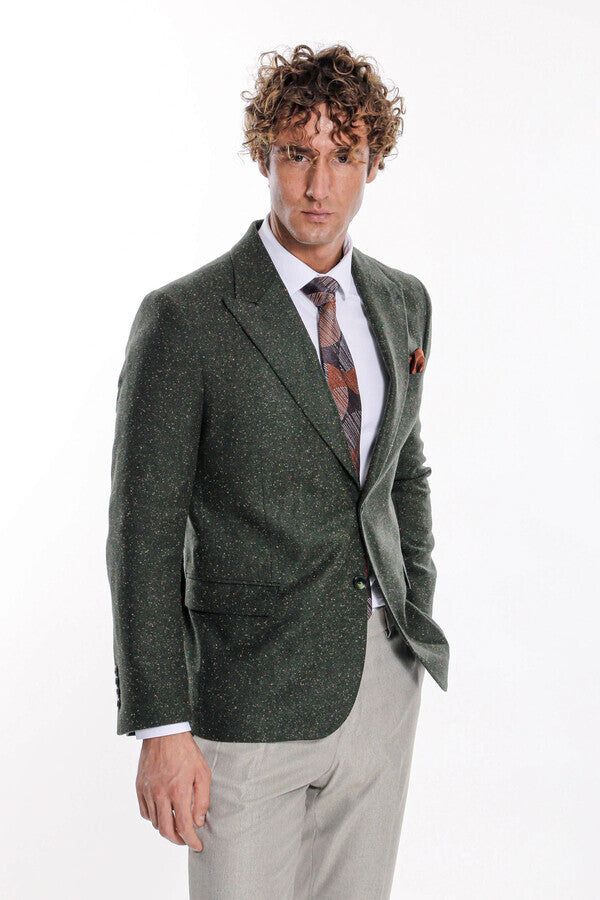 Houndstooth Pattern Wool Green Men Blazer - Wessi