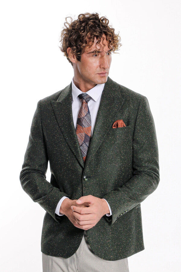 Houndstooth Pattern Wool Green Men Blazer - Wessi