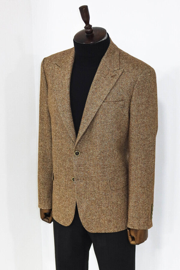 Houndstooth Pattern Wool Light Brown Men Blazer - Wessi