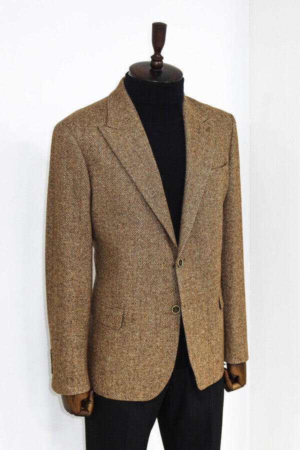 Houndstooth Pattern Wool Light Brown Men Blazer - Wessi