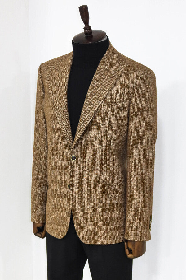 Houndstooth Pattern Wool Light Brown Men Blazer - Wessi