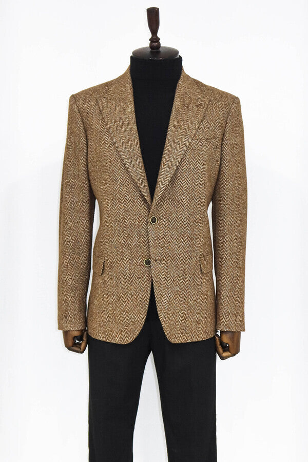 Houndstooth Pattern Wool Light Brown Men Blazer - Wessi