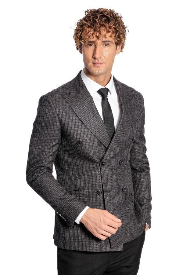 Blazer cruzado para hombre en gris con estampado de pata de gallo - Wessi