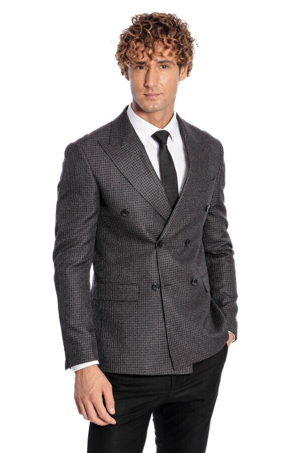 Blazer cruzado para hombre en gris con estampado de pata de gallo - Wessi