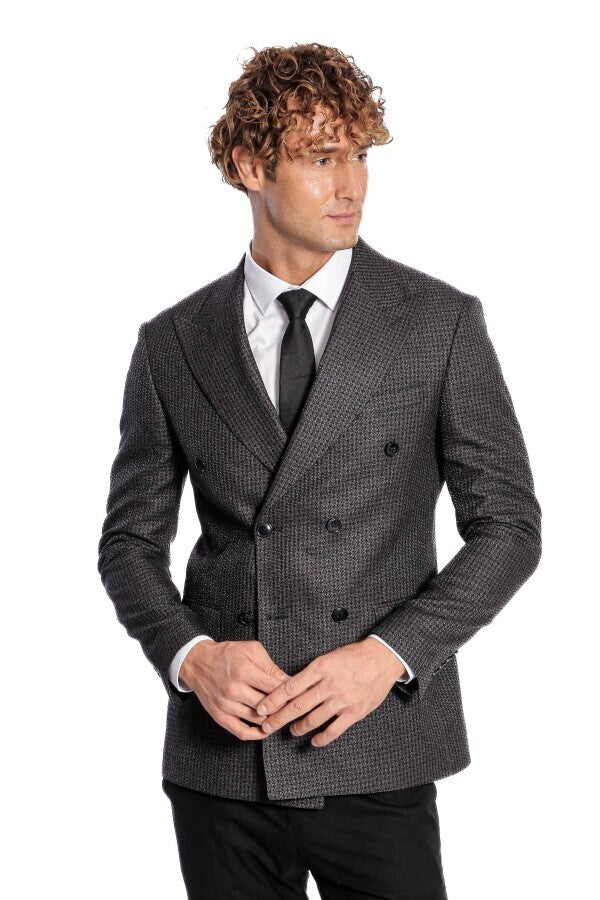 Blazer cruzado para hombre en gris con estampado de pata de gallo - Wessi