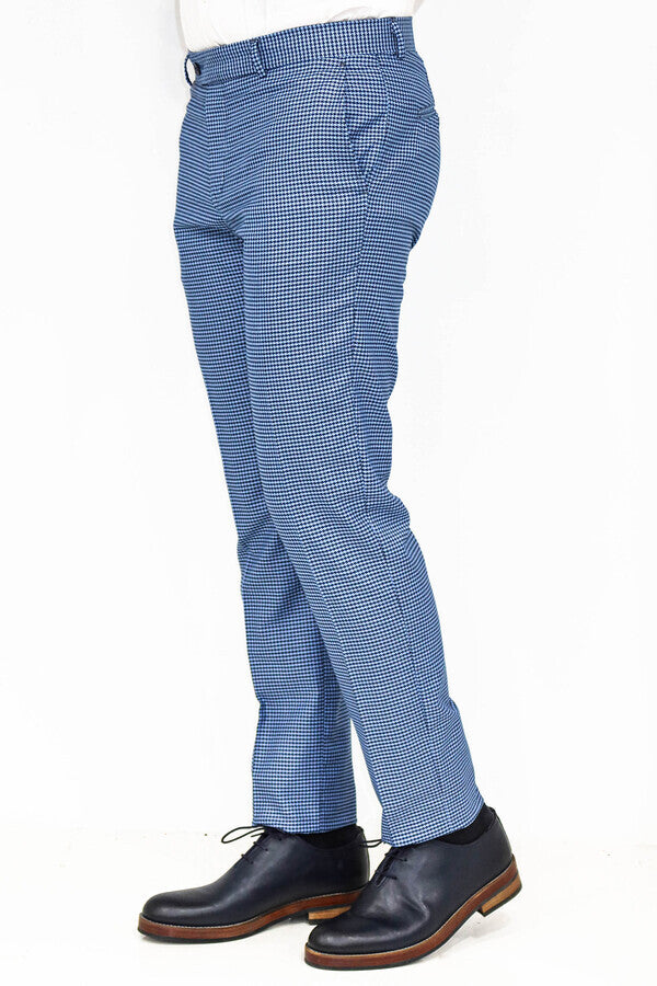 Houndstooth Patterned Indigo Blue Men Pants - Wessi