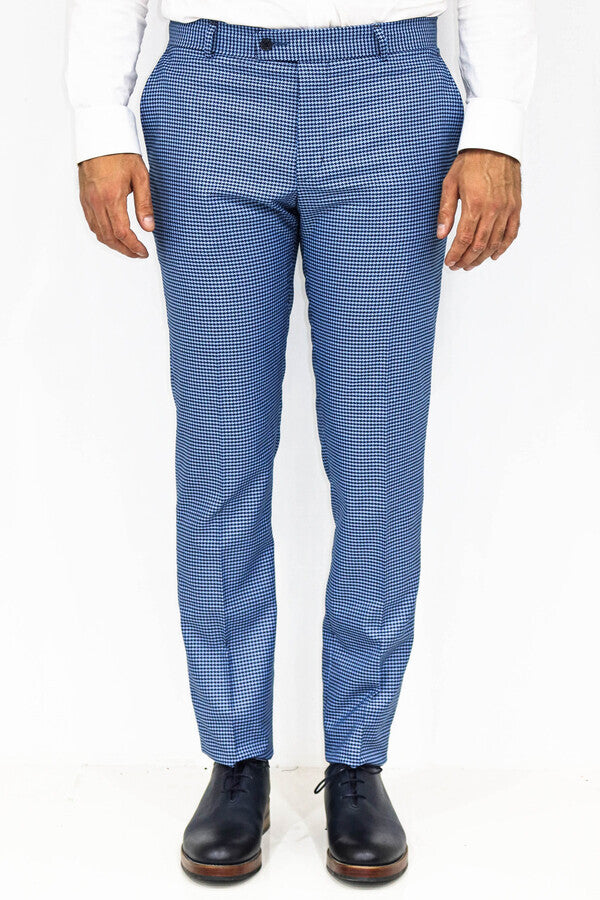 Houndstooth Patterned Indigo Blue Men Pants - Wessi