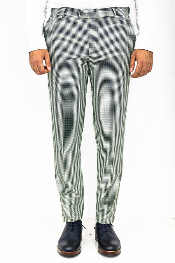 Houndstooth Patterned Light Green Men Pants - Wessi