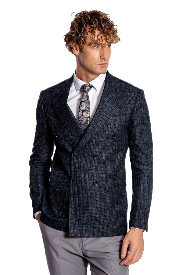 Houndstooth Patterned Navy Blue Men Double Breasted Blazer - Wessi