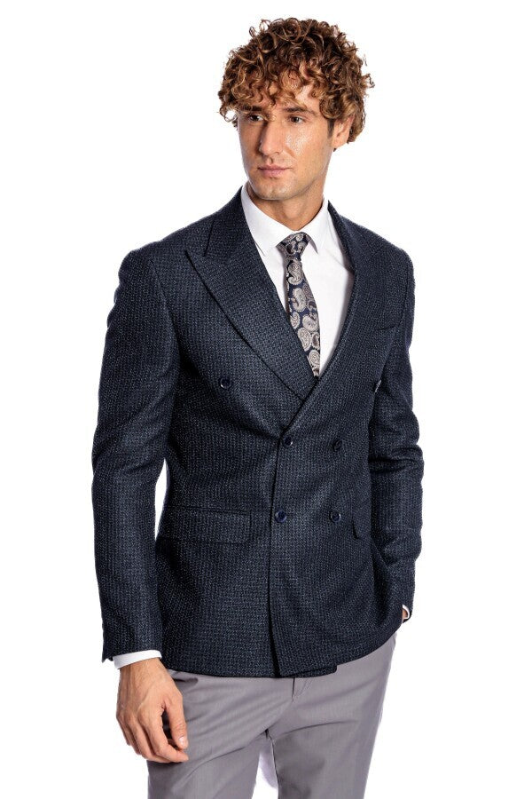 Houndstooth Patterned Navy Blue Men Double Breasted Blazer - Wessi