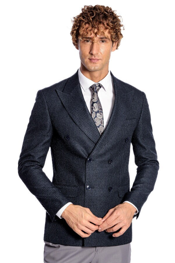 Houndstooth Patterned Navy Blue Men Double Breasted Blazer - Wessi