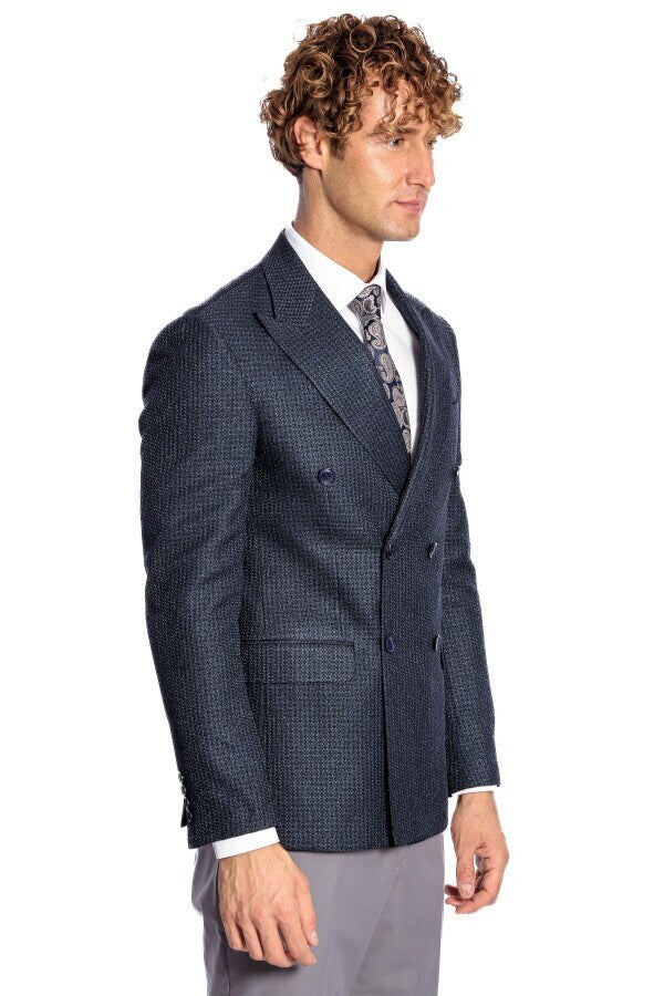 Houndstooth Patterned Navy Blue Men Double Breasted Blazer - Wessi