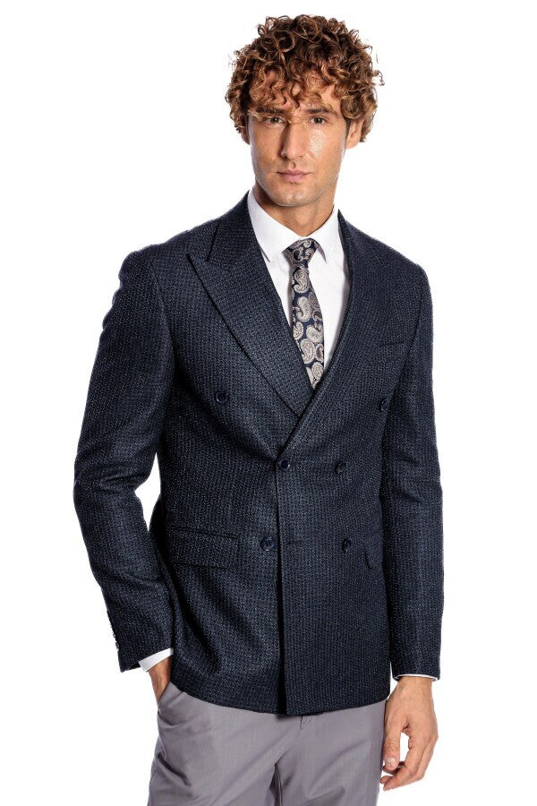 Houndstooth Patterned Navy Blue Men Double Breasted Blazer - Wessi