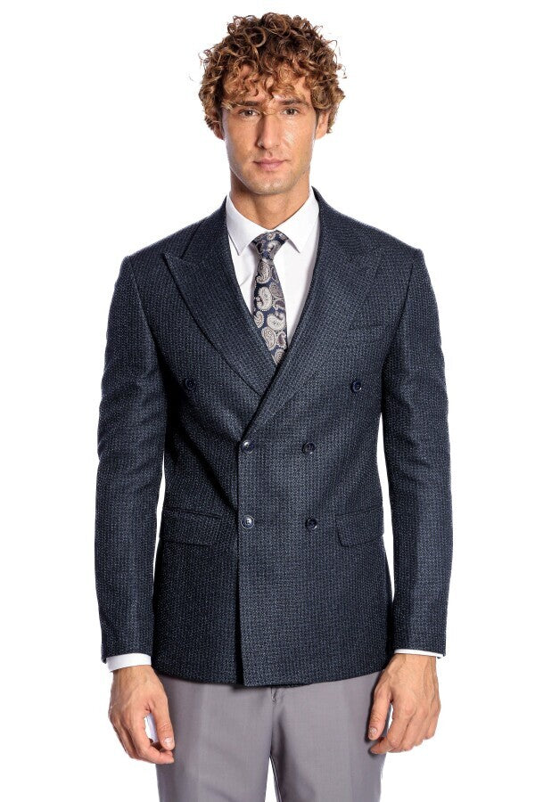 Houndstooth Patterned Navy Blue Men Double Breasted Blazer - Wessi