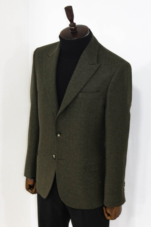 Houndstooth Wool Dark Green Men Blazer - Wessi