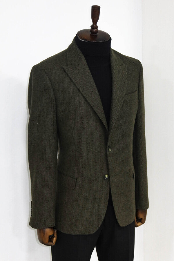 Houndstooth Wool Dark Green Men Blazer - Wessi