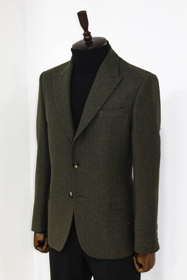 Houndstooth Wool Dark Green Men Blazer - Wessi