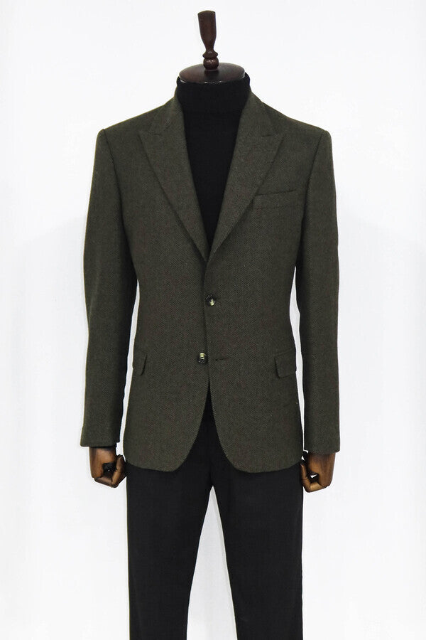 Houndstooth Wool Dark Green Men Blazer - Wessi