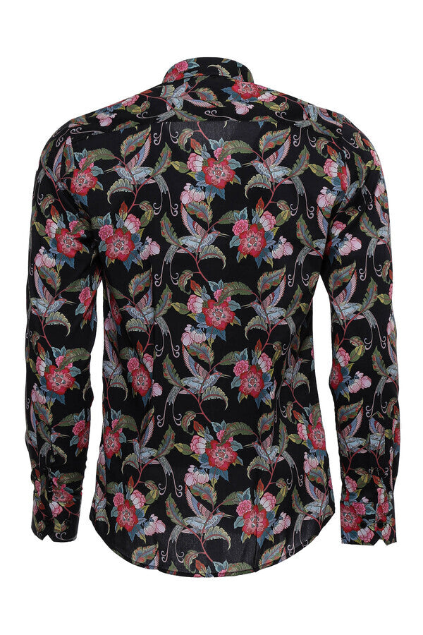 Hummingbird And Floral Patterned Long Sleeves Black Men Shirt - Wessi