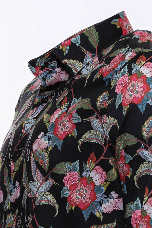 Hummingbird And Floral Patterned Long Sleeves Black Men Shirt - Wessi