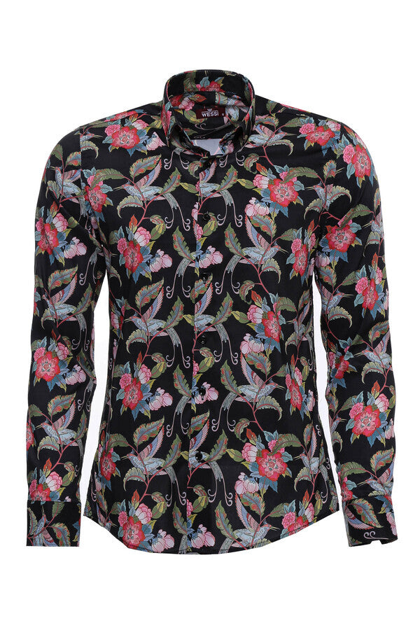 Camisa negra de manga larga con estampado de colibríes y flores para hombre - Wessi