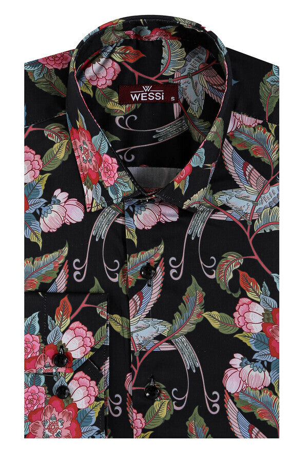 Camisa negra de manga larga con estampado de colibríes y flores para hombre - Wessi