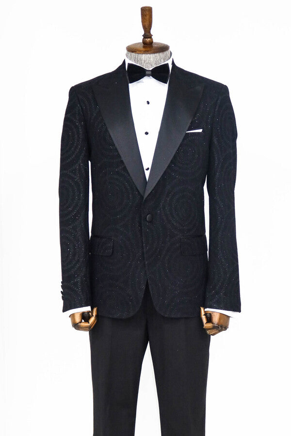 Hypnose Pattern Peak Lapel Slim Fit Black Men Prom Blazer - Wessi