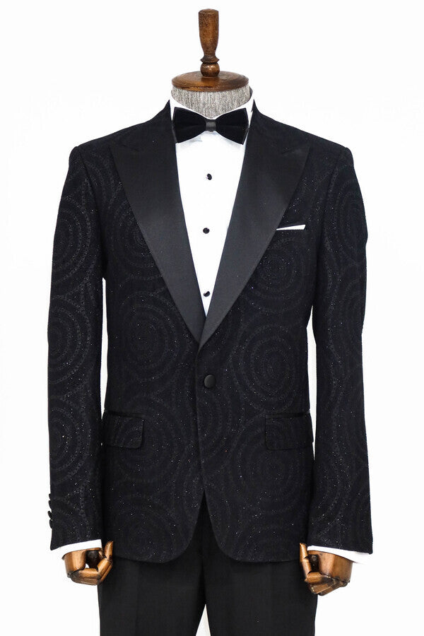 Blazer de fiesta ajustado con solapa de pico y estampado hipnótico para hombre, color negro - Wessi