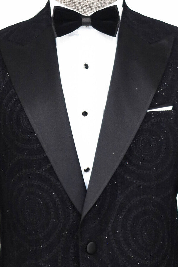 Hypnose Pattern Peak Lapel Slim Fit Black Men Prom Blazer - Wessi