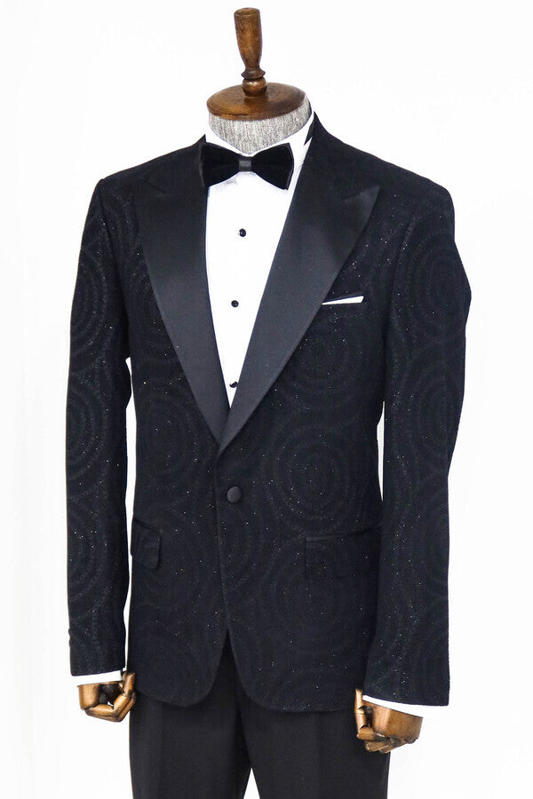 سترة Hypnose Pattern Peak Lapel Slim Fit باللون الأسود للرجال - Wessi