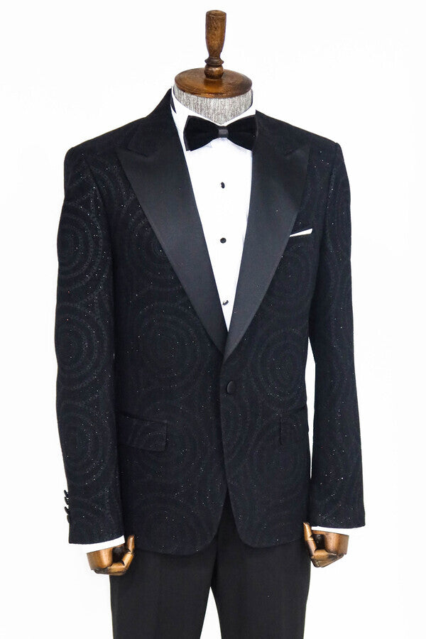 Blazer de fiesta ajustado con solapa de pico y estampado hipnótico para hombre, color negro - Wessi