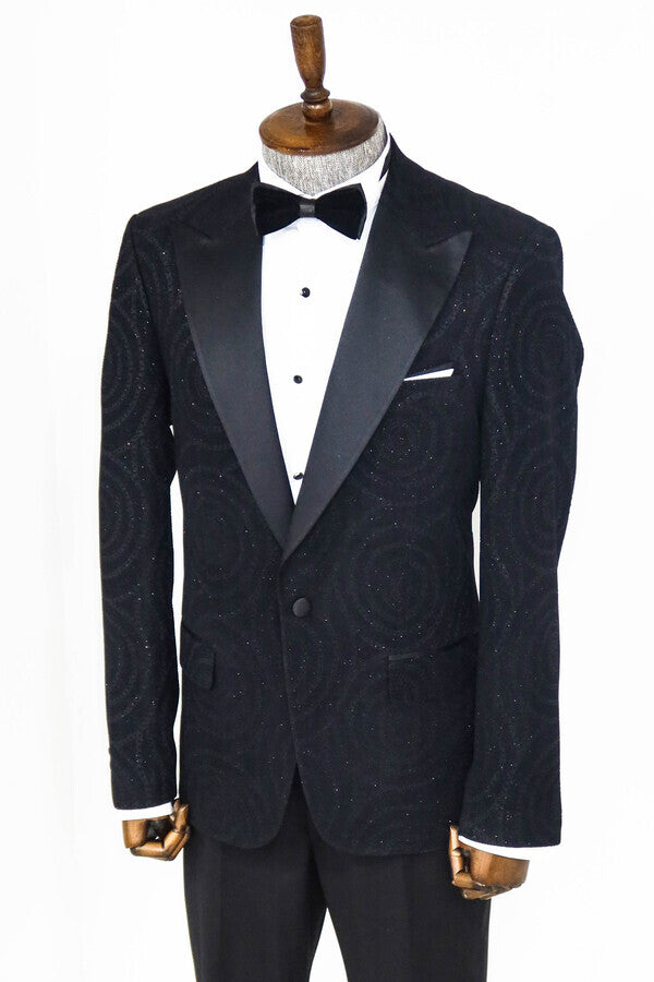 Blazer de fiesta ajustado con solapa de pico y estampado hipnótico para hombre, color negro - Wessi