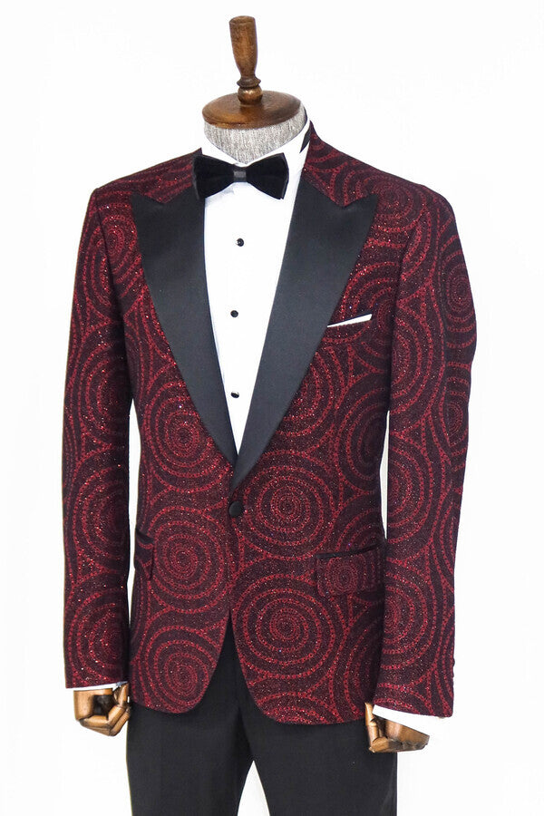 سترة Hypnose Pattern Peak Lapel Slim Fit باللون العنابي للرجال - Wessi