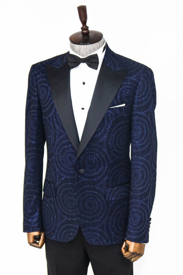 Hypnose Pattern Peak Lapel Slim Fit Navy Blue Men Prom Blazer - Wessi