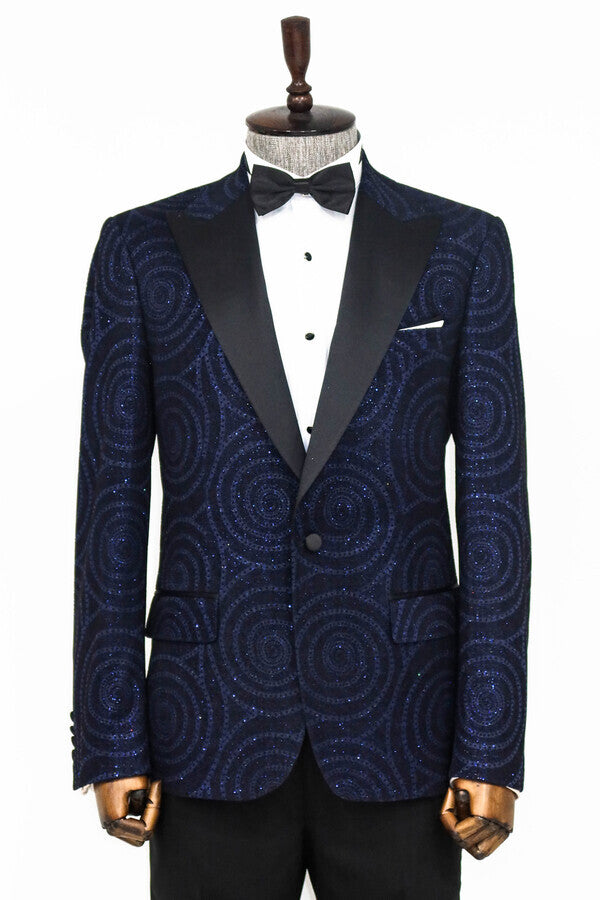 Blazer de fiesta para hombre en azul marino ajustado con solapa de pico y estampado Hypnose - Wessi