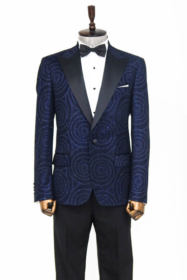 Hypnose Pattern Peak Lapel Slim Fit Navy Blue Men Prom Blazer - Wessi