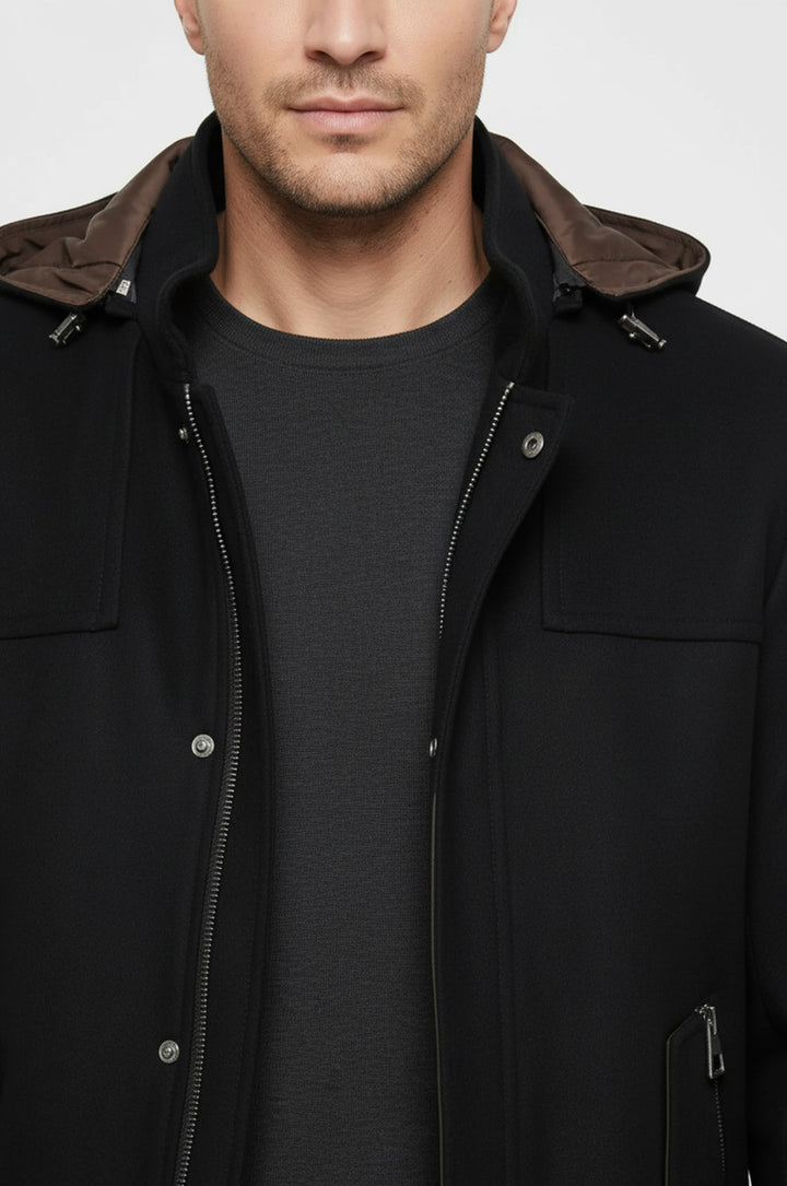 Zippered Sleeve Hooded Black Men Coat - Wessi