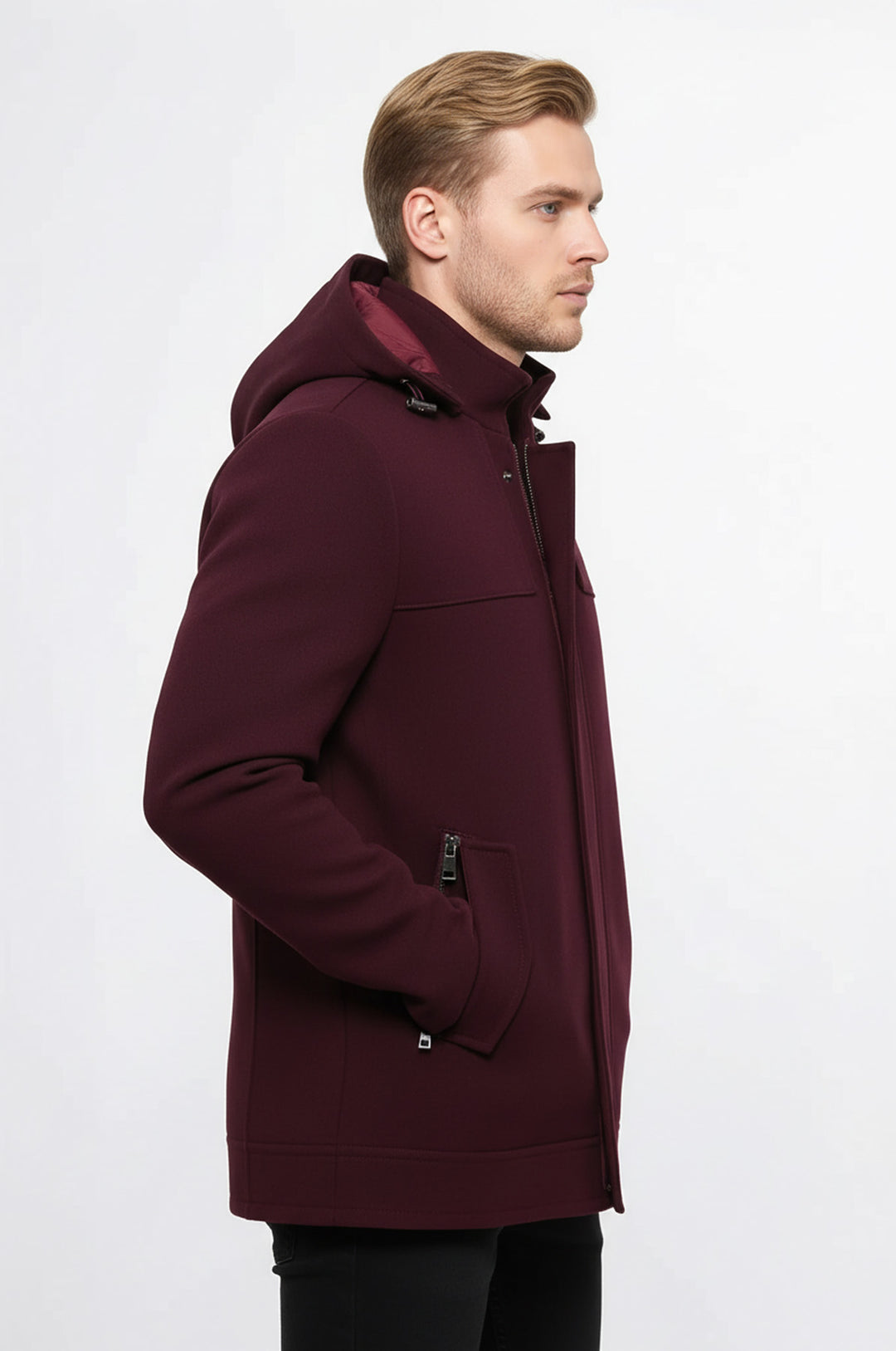 Zippered Sleeve Hooded Burgundy Coat - Wessi