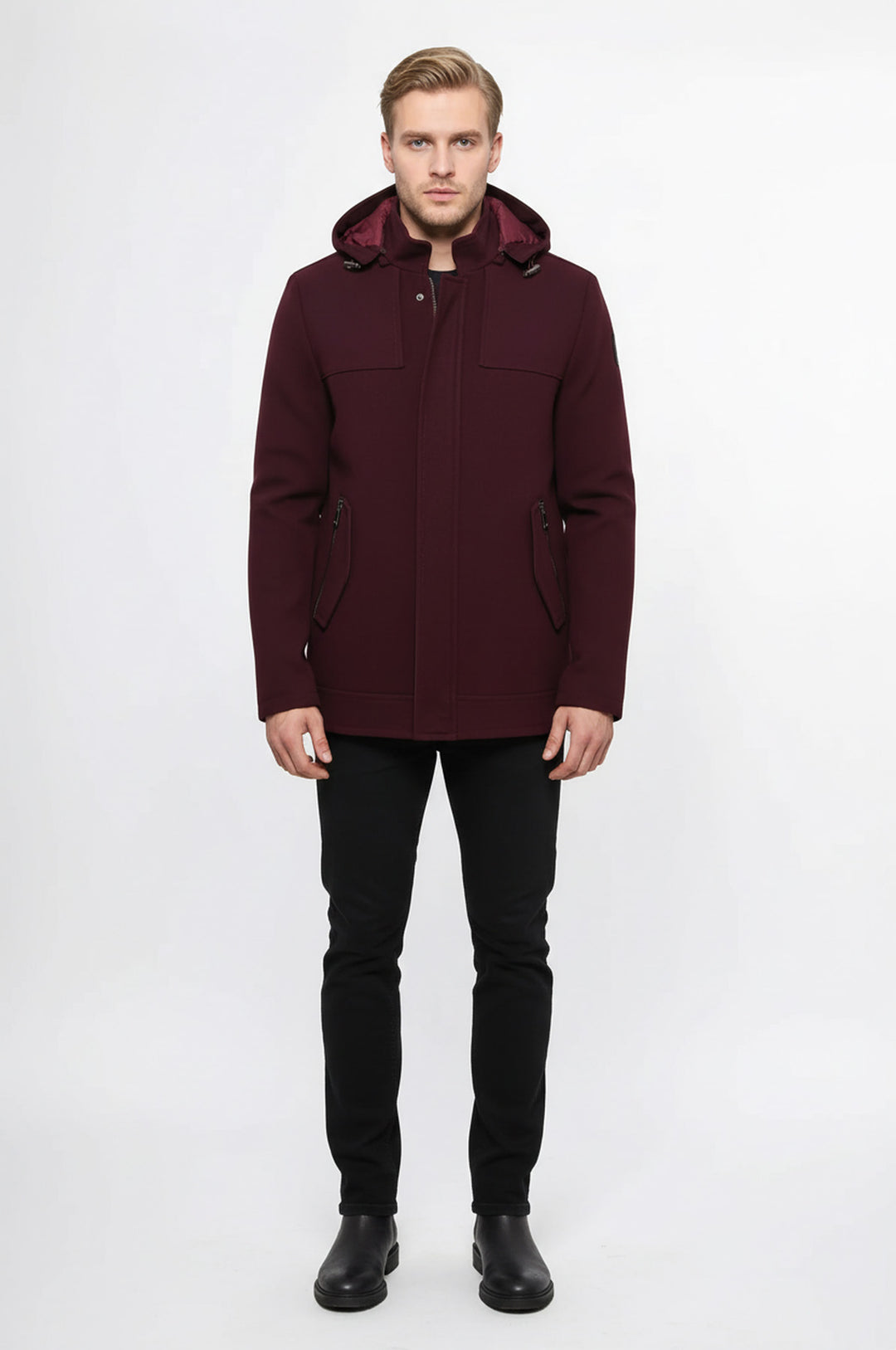 Zippered Sleeve Hooded Burgundy Coat - Wessi