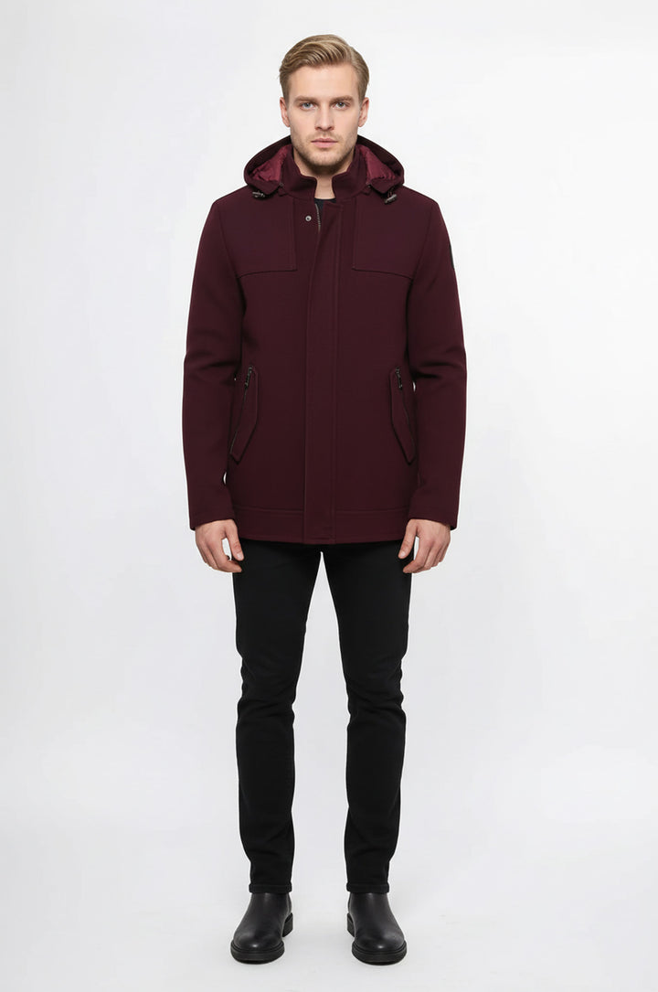 Zippered Sleeve Hooded Burgundy Coat - Wessi