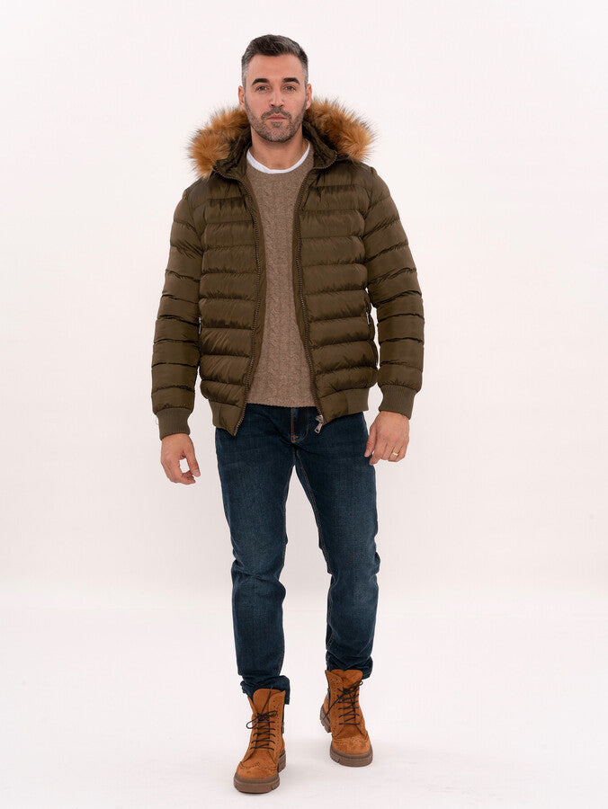 Khaki Fur Hooded Men's Puffer Coat - Wessi