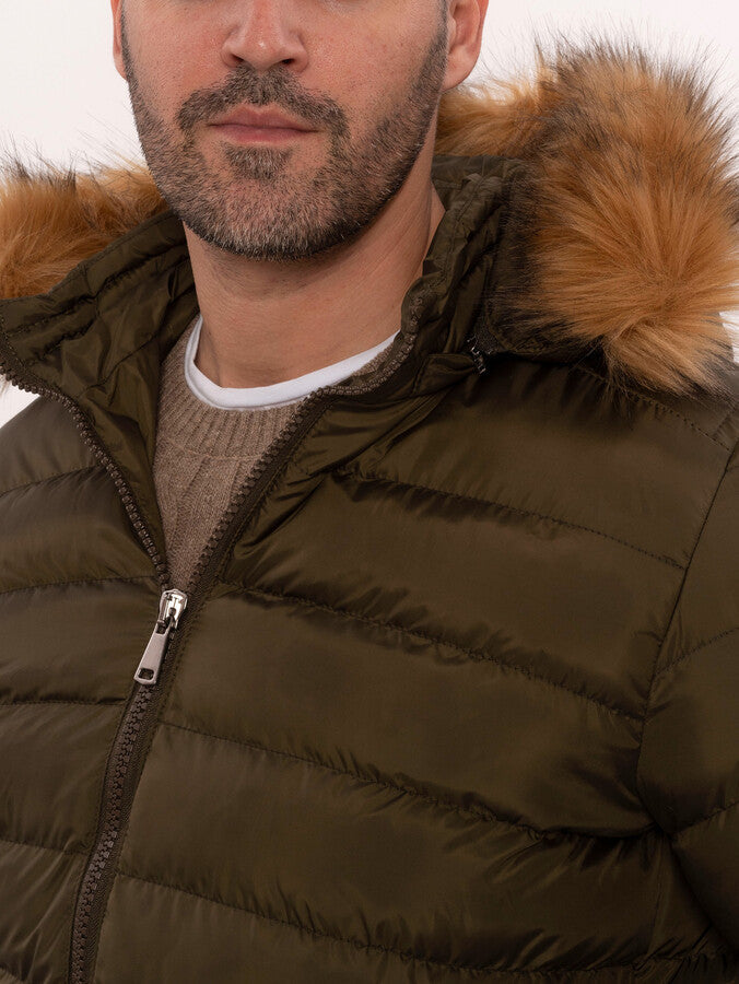 Khaki Fur Hooded Men's Puffer Coat - Wessi