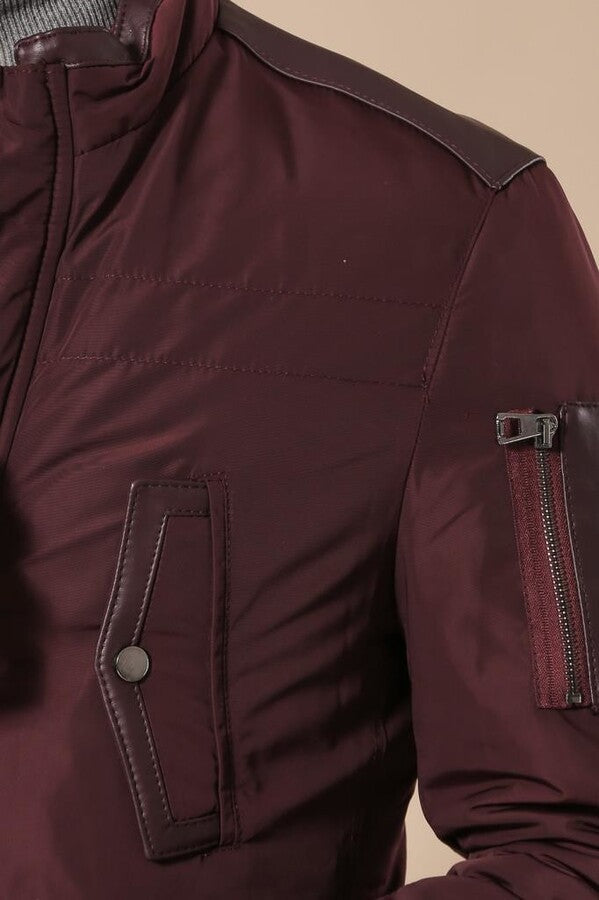 Leather Modeled Burgundy Slim Fit Quilted Jacket - Wessi