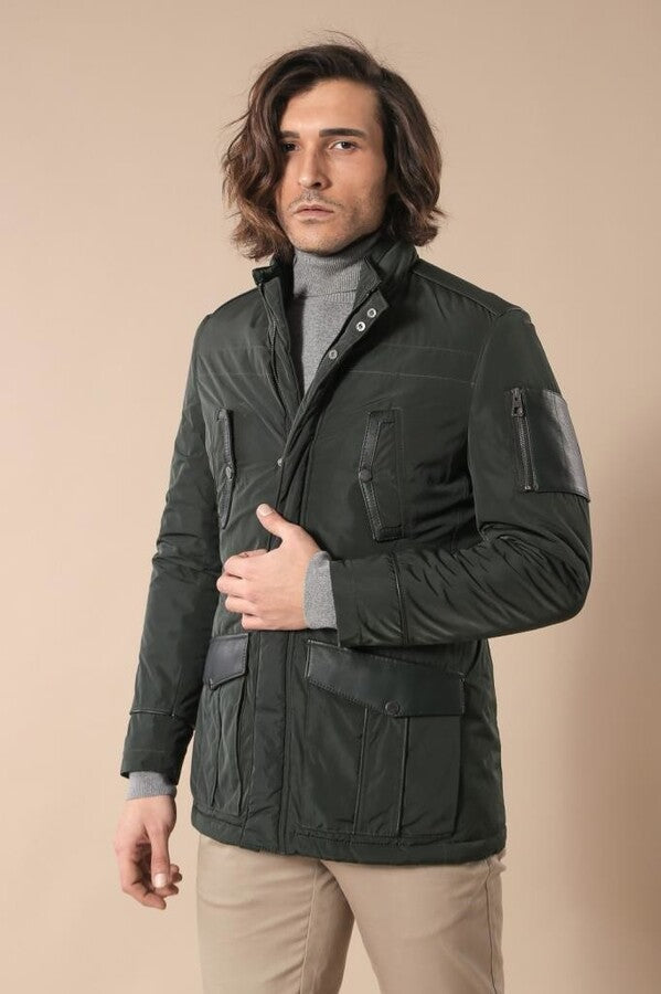 Leather Modeled Green Slim Fit Quilted Jacket - Wessi