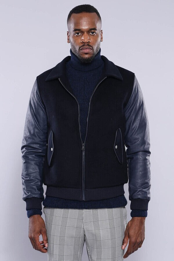 Leather Sleeve Navy Blue Cachet Coat | Wessi