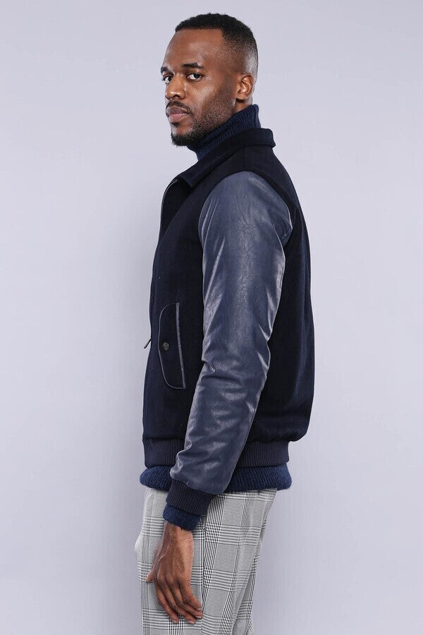 Leather Sleeve Navy Blue Cachet Coat | Wessi