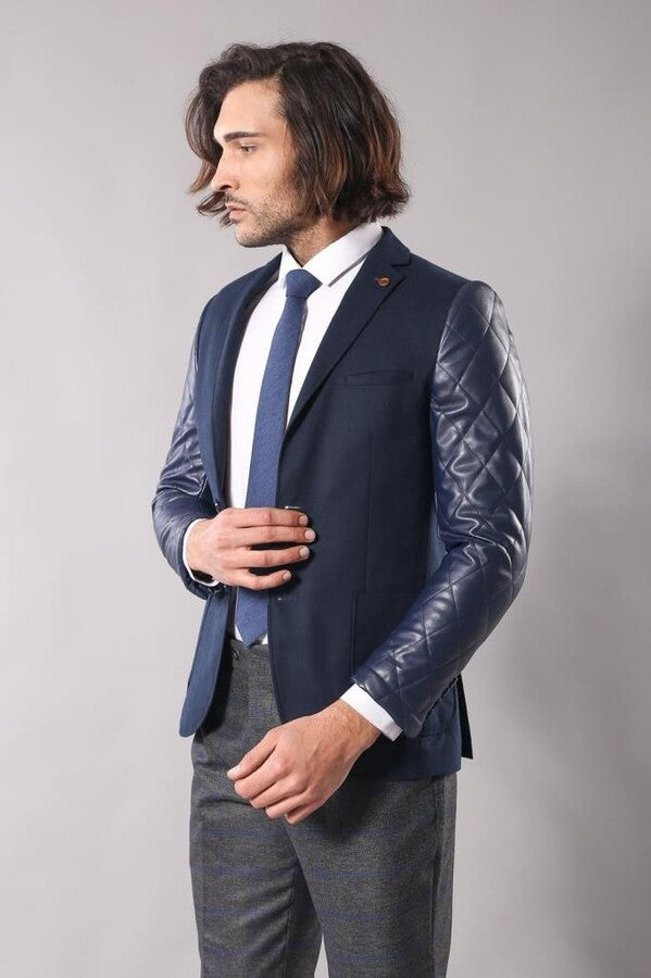 Leathered Sleeve Quilted Navy Blue Cache Blazer - Wessi