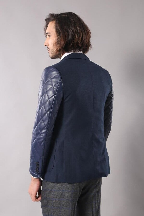 Leathered Sleeve Quilted Navy Blue Cache Blazer - Wessi