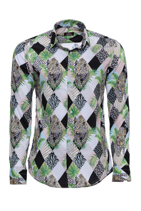 Camisa de hombre multicolor de manga larga con estampado de leopardo - Wessi